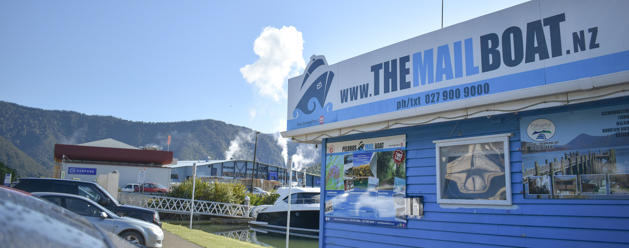Find the Pelorus Mail Boat booking office on the Havelock Marina waterfront.