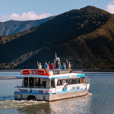 MV Pelorus Express, the vessel for our Pelorus Mail Boat cruises, cruising out of Havelock towards the Marlborough Sounds.